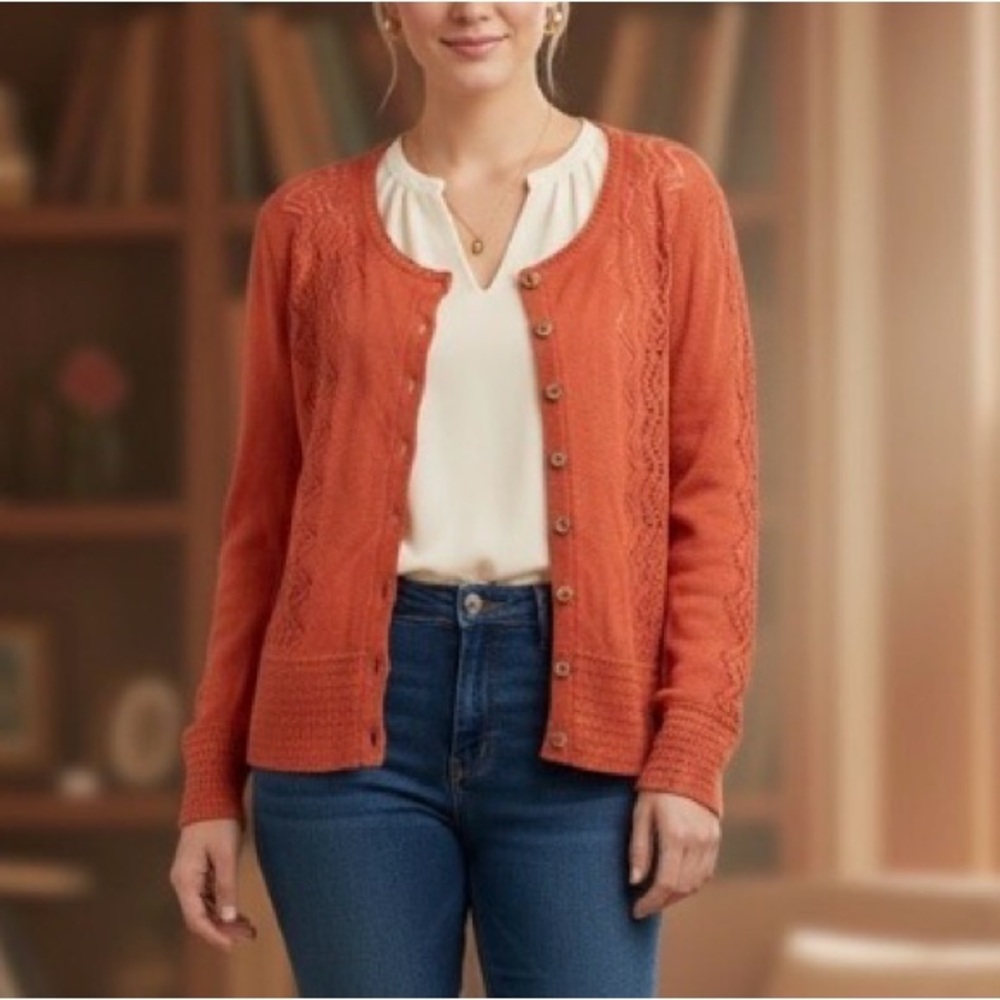 Peruvian Connection Pointelle Orange Cardigan Pima Cotton Size XL